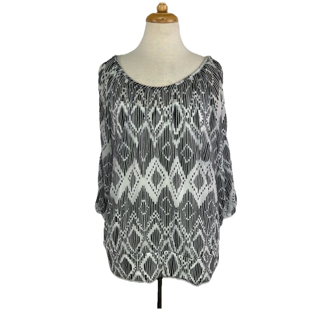 AB Studio Size XL Black and White Cold Shoulder Blouse Sheer with Built In Cami